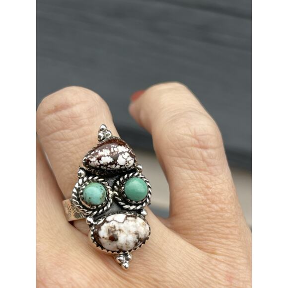 STERLING Silver NATIVE Style SW Wild Horse TURQUOISE Cluster Ring Adj 925 - Picture 6 of 9